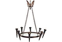 High quality and substantial bronze and iron French chandelier with 8 torchere-style arms, neoclassical ormolu, and inset round panel of frosted glass. Newly rewired for US use. No additional chain included.