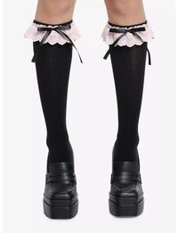 Pink Lace Black Bow Knee-High Socks