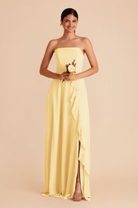 This convertible ruffle bridesmaid dress has a ruffled skirt and removable spaghetti straps. Available in Lemon Sorbet. Shop Birdy Grey! Simplicity on the top, romance on the bottom, straps optional | Lemon Sorbet Bridesmaid Dress Chiffon Size XS | Birdy Grey Winnie Convertible