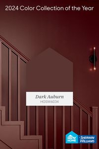 Dark Auburn (HGSW6034), from our 2024 Color Collection of the Year Renewed Comfort, pairs perfectly with moody décor pieces, bringing out its deep, soothing hue to make a statement, like this monochrome stairwell.