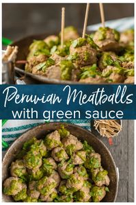 These PERUVIAN CHICKEN MEATBALLS WITH GREEN SAUCE are the perfect holiday or Super Bowl appetizer! The Peruvian green sauce, made with a parsley base, is just the right amount of spicy. The drop meatballs are just the right amount of easy. It comes together to create the perfect recipe!