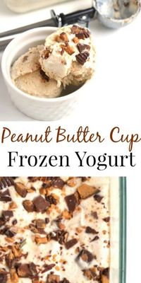 Peanut Butter Cup Frozen Yogurt is a healthier treat with only 3 ingredients, is packed full of protein with Greek yogurt and tastes like an indulgent dessert with chunks of creamy peanut butter cups and the creamiest ice cream base!