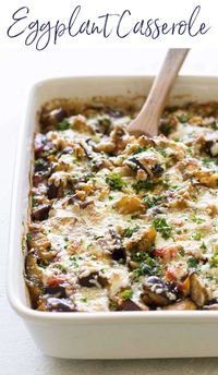 This eggplant casserole is full of the best that summer has to offer – eggplant, fresh herbs, mushrooms, tomatoes, and bell peppers. It’s topped with cheese and baked until bubbling hot. Serve it as a side dish or main dish – it’s perfect either way.