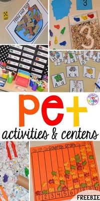 Pet themed activities and centers (freebies too) for preschool, pre-k, and kindergarten (math, writing, letters, rhyme, sensory, art, blocks, STEM, dramatic play).