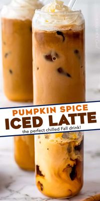 Perfectly spiced and sweetened, this homemade Iced Pumpkin Spice Latte is made with real espresso (or strong coffee), pumpkin, sugar, and warm spices!  Perfect for Fall and Winter, and way better than anything from the store!