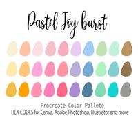 🌸 Pastel Joy Burst Procreate Palette 🌸 Dive into a world of soft and cheerful hues with the Pastel Joy Burst color palette, perfect for adding a touch of whimsy to all your creative projects. Whether it's digital art or print, this palette features 30 carefully selected pastel tones to bring a light and joyful atmosphere to your creations. ✨ Key Features: 30 pastel tones inspired by joy and whimsy 🌈 Includes HEX codes for use in other programs like Adobe Photoshop, Illustrator, Canva, and mor