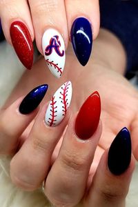 The “A” letter detail is there to help you show off that Atlanta spirit of yours. The glitter in navy blue and red is there to help you shine and be all Braves. //photocredit: Instagram @queenglitternails