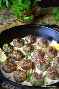 Moroccan Lemon and Cardamom Meatballs ~ I can't imagine a more exciting dinner than a plate of these lemony cardamom spiced lamb meatballs nestled in creamy tahini sauce. #MEATBALLS #MIDDLEEASTERN #CARDAMOM #LAMB #LAMBMEATBALLS #TAHINI #DINNER #GROUNDLAMB #BESTMEATBALLS #SKILLET #recipe #best #ottolenghi