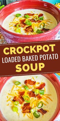 This thick and hearty crockpot loaded baked potato soup is loaded with creamy potatoes, onions, shredded cheese, crispy bacon, and scallions.