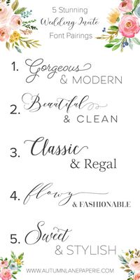 Wedding season is upon us!  I'm a total font junkie, too -- I love a good wedding invite with beautiful fonts.  Here are a few of my favorite pairings...which work well for logos, too!  ;) https://autumnlanepaperie.com/font-crush-time/  Wedding Invitations - Wedding Inspiration - Event Invitation - Save the Date - Logo Design - Graphic Design - Feminine Fonts - Typography - Font - Font Design