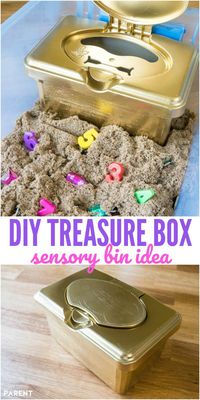 DIY Treasure Chest for Kids - Make this treasure box for a fun sensory bin with treasure hunt ideas! Learn how to make this simple craft project! #sand #treasure #toddlers #preschool #crafts #sensory #alphabet