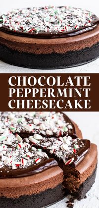 Chocolate Peppermint Cheesecake features a buttery Oreo cookie crust, an ultra rich from-scratch chocolate peppermint filling, and is topped with fudgy ganache and crushed candy canes. It’s the the best homemade Christmas or Holiday dessert for a crowd! #chocolatecheesecake #peppermintcheesecake #christmasdesserts