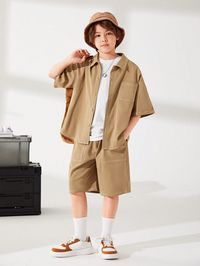 Khaki Casual Collar   Plain  Embellished Slight Stretch  Tween Boys Clothing