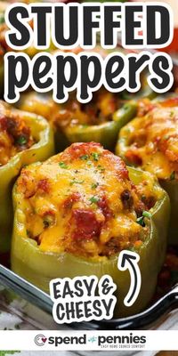 Stuffed peppers are a delicious combination of bell peppers filled with flavorful ingredients like seasoned meat, rice, and vegetables, creating a mouthwatering taste experience. This is a complete meal in one dish, perfect for a quick weeknight dinner. #stuffedpeppers #easy #recipe #spendwithpennies