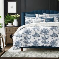 Step into a timeless pastoral scene with our Jardin Du Jouy bedding ensemble. The soft ivory twill fabric serves as the canvas for this classic toile theme. Imagine delicate vignettes—rustic cottages, blooming florals, and perhaps a shepherdess tending her flock—all elegantly printed across the top of the bed. The ensemble includes reversible pillow shams, Euro shams adding a touch of European sophistication, and three reversible cushions—your creative palette for mixing and matching. Jardin Du