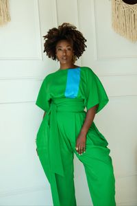 JIBRI Green Colorblock High Waist Slouch Pants Set Pant Relaxed fit Exaggerated Hip Drape Chic side pockets Invisible back zipper Fabrication: Silk Blend Sizing: True to Size (View Size Chart) Inseam: 33 Handmade in Atlanta, GA Top Boat Collar Oversized T-Shirt Fit Full length or Crop Available Fabrication: Silk Blend Sizing: True to Size (View Size Chart) Handmade in Atlanta, GA Style Notes: Add a blazer or statement necklace and control the room! Sizing Tip: Order according to waist measuremen