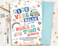 Five Is A Vibe Joint Birthday Invitation - Two Groovy Birthday Invitation - Daisy Hippie Sibling Invitations - Boy Girl Invitations