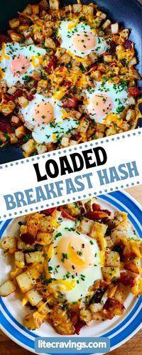 This breakfast hash is simple to whip up and perfect for weekends! It's loaded with crispy potatoes, salty bacon, and creamy eggs. It cooks up in less than a half hour and has all your favorite classic breakfast food flavors!