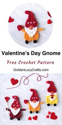 Free crochet pattern and video tutorial for the Valentine's Day gnome. Gnome applique, embellishment, ornament, DIY card