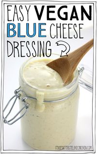 Easy Vegan Blue Cheese Dressing! It’s creamy, tangy, healthy, oil-free, only 33 calories for two heaping tablespoons, and of course, super easy to make. Dairy-free, whole food plant based, yum. #itdoesnttastelikechicken #veganrecipes #vegancheese #wfpb via @bonappetegan