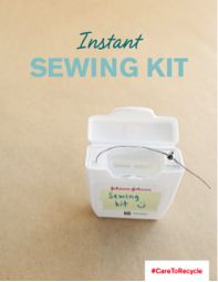 Thinking of tossing that empty floss container in the trash? Upcycle by using it as a pocket-sized emergency sewing kit instead!  Find out how at caretorecycle.com! #CARETORECYCLE