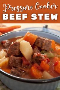 Pressure Cooker Beef Stew - a hearty beef stew with potatoes, carrots, green beans, and tomatoes can be on the table in minutes when you use a pressure cooker. This recipe is perfect for the whole family for a hearty weeknight meal in the fall and wintertime!