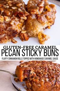 Gluten-Free Caramel Pecan Sticky Buns feature delicious layers of cinnamon rolls with a buttery homemade caramel sauce and crunchy pecans. This blissful recipe is the perfect holiday breakfast or treat for special occasions! #glutenfree #cinnamonrolls #stickybuns