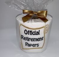 Retirement Gift Idea/Official Retirement Paper/Retirement party Gift/Retirement gift/Office Retirement Party/Office Party Gift/Joke Gifts Need something unique for that person retiring? This is sure to put a smile on everyone's faces. This listing is for a roll of embroidered toilet paper. This is a machine embroidered design onto the first layer sheet of the toilet paper. The roll is wrapped in a bag and tied with nice bow either Gold or Black. the design is not stitched through every sheet on