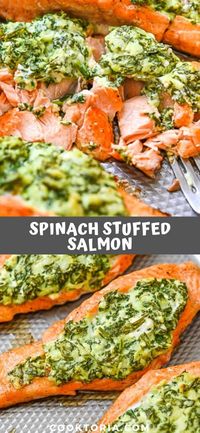 Spinach Stuffed Salmon – spinach, cream cheese, feta, and mozzarella stuffing. Easy to make and great for family, friends, or entertaining! FOLLOW Cooktoria for more deliciousness! #salmon #fish #seafood #dinner #spinach #recipeoftheday