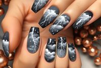 If you’re drawn to more dramatic nail art, the stormy skies design is your go-to. Opt for a dark grey or navy blue base to set the moody tone.