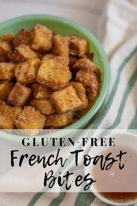 These gluten-free French toast bites are so yummy and can be made in 30 minutes. They are sure to be a new family favorite breakfast! || This Vivacious Life #glutenfree #frenchtoast #glutenfreebreakfast #frenchtoastbites