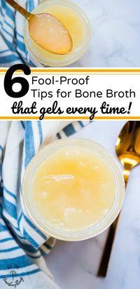 A technically "correct" bone broth is one that, after cooking and cooling, thickens and gels. Like Jello. That lovely gel is a sure sign that your bone broth is the best it can be -- full of nourishing, gut-healing gelatin, collagen, minerals, and amino acids. Here are my 6 tips for bone broth that gels every time! #allthenourishingthings #bonebroth #gelatin #guthealth #guthealing #nourishing #nourishingtraditions