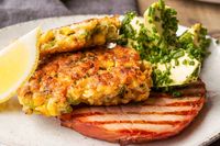 Corn fritters with hand‑cut ham and avocado