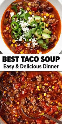 This easy taco soup recipe made on the stovetop is guaranteed to be a family favorite dinner — with ground beef, a variety of beans and vegetables, and flavored with a homemade taco seasoning!