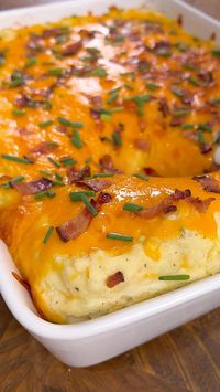 Twice Baked Potato Casserole  • Ingredients  • 5lbs idaho potatoes, peeled and cubed  • 1 cup of milk  • 8oz Green Valley Cream Cheese  • 12oz Green Valley Sour Cream  • 2 1/2 tsp kosher salt  • 1 tsp pepper  • 1/2 tsp garlic powder  • 1/4 cup chives, chopped  • 16oz Green Valley Cheddar Shredded Cheese  • 6 strips of bacon, cooked and chopped  • Preheat the oven to 375 degrees. This will fit a 9x13 baking dish. Cube the potatoes into 2" pieces, add to a large stock pot, fill with water and boil on medium heat until the potatoes are tender. Drain water, add the potatoes to a mixing bowl. Add the salt, pepper, garlic powder, chives, cream cheese, 8oz shredded cheese, sour cream and mix until smooth. Pour into the baking dish, top with cheese and bake for 25 minutes. Enjoy!