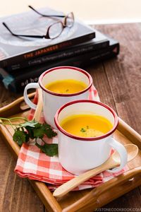 Kabocha Soup with just a few simple ingredients, Kabocha, butter, chicken broth, milk, and cream.  Enjoy this rich and creamy soup by dipping with your favorite bread. #souprecipes #pumpkin #Asianrecipes #quickeasy #kabocha | Easy Japanese Recipes at JustOneCookbook.com