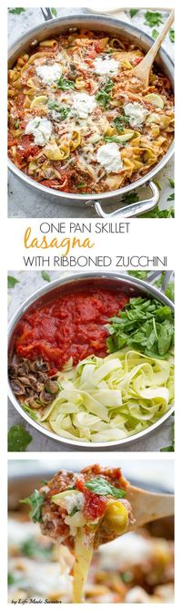 One Pan Skillet Ribbon Zucchini Noodles (Zoodles) makes a HEALTHY, easy, gluten free, lower carb dinner perfect for weeknights. Easy to use your mandoline or a spiralizer.