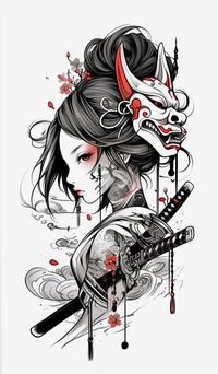 Tattoo sketch, Asian girl, Mask, Dragon, Artistic illustration, Asian girl with dragon tattoo, Tattooed Asian woman, Dragon-themed tattoo, Sketch-style tattoo, Masked girl with dragon, Tattoo, Asian culture, Asian girl, Dragon, Mask, Art, Trendy tattoo, Dragon tattoo design, Feminine tattoo.