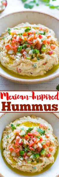 Easy Mexican-Inspired Hummus - Jazz up classic hummus with pico de gallo, cilantro, and you won't be able to stop digging into it with tortilla chips!! Easy, healthy, ready in 5 minutes, and a perfect snack that everyone loves!!