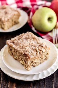 Filled with applesauce and diced apples, lightly sweetened with brown sugar, and topped with a Cinnamon Sugar Crumble. This Apple Cinnamon Coffee Cake recipe is easy to make, not too sweet, gluten-free, and can be dairy-free. With only 1 cup of sugar in the whole pan, this is a healthier take on a traditional coffee cake!