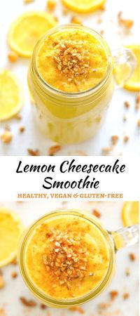 This banana-free, Luscious Lemon Cheesecake Smoothie is like dessert in a glass & is so healthy! It's like Lemon cheesecake in liquid form.  via @avirtualvegan