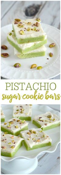 Soft and chewy Pistachio Sugar Cookie bars are so easy to make, and everyone loves them. Cream cheese frosting and chopped pecans make them extra yummy. #sugarcookiebars #pistachiosugarcookiebars #christmascookiebars #pistachiocookiebars #pistachiobarswithcreamcheesefrosting #creationsbykara