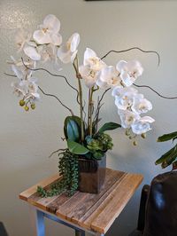 Beautiful 24" orchid plant with 2 soft touch orchid stems in a square metallic silver etched ceramic pot Adorned with numerous orchid leaves and  succulents in lush reindeer moss. The etched vase measures: 5" square and 7" tall Made of soft rubber like material for a true realistic look White color orchids **If you are interested in another color please message me **my name is Danielle and I custom make all my arrangements with the best quality materials. This is a passion for me and I truly enj