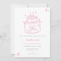 Two Sweet Birthday Invitation for Pink Have Your Cake and Eat it TWO Girl 2nd Birthday Party Invite   Have your cake and eat it TWO 🎂 A little girl's 2nd birthday is almost here! It’s time to gather your family and friends with a customizable pink cake birthday party invite. Easily edit your editable second birthday invite with all of the sweet birthday party details for the birthday girl.   This editable have your cake and eat it two birthday party invitation sets the tone for your sweet cake themed birthday celebration. The ANIKA Collection features a white background with a hand drawn birthday cake adorned with bows and topped with two birthday candles, plus some hand drawn stars all in baby pink. A pairing of serif and cute script fonts in pink and gray with all editable text complete