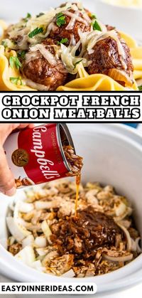 These juicy Crockpot French Onion Meatballs are so easy to make and are exploding with flavor. Made with just 5 simple ingredients, they are everything you love about French onion soup but in meatball form!