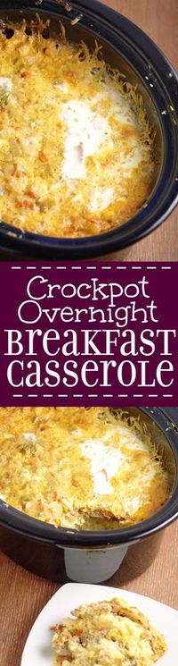 Crockpot Overnight Breakfast Casserole recipe is a classic make ahead breakfast casserole with eggs, sausage, bacon, hash browns, and cheese, Great for the holidays and a crowd. I'm SO making this for Christmas breakfast this year!