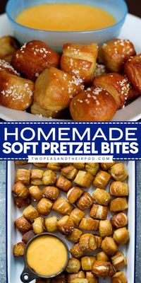 These Homemade Soft Pretzel Bites are the best Gameday recipe! This easy appetizer recipe is easy to make at home and makes a fun party snack! Save this pin for later.