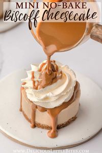 Mini Biscoff Cheesecake are single-serving size no-bake cheesecake desserts. Each little cheesecake it made with a Biscoff cookie crust and topped with whipped cream and Biscoff spread. They are absolutely perfect for the holidays and other special occasions.