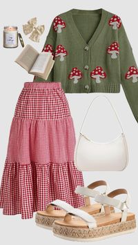 #greenaesthetic #mushrooms #cardigan #ootd #sweater #falloutfit #autumn #cottagecore #aesthetic #outfit #red #gingham #cozy #modestoutfit #churchoutfit #backtoschool