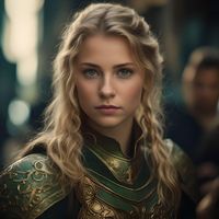 Description: "blonde girl wavy hair, green eyes, bronze armor, 18 year old girl, hair is up in a pony tail."